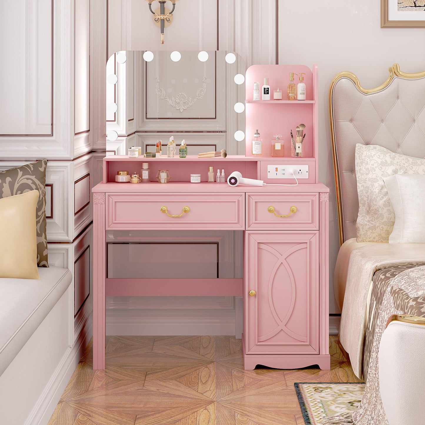 Lareth Makeup Vanity Desk with Lighted Mirror, 39.4 inch Vanity Table with Power Outlet, Bedroom Dressing Table, Adjustable Lights & 1 Cabinet 2 Drawers, Gifts for Teen Girls Women, Light Pink