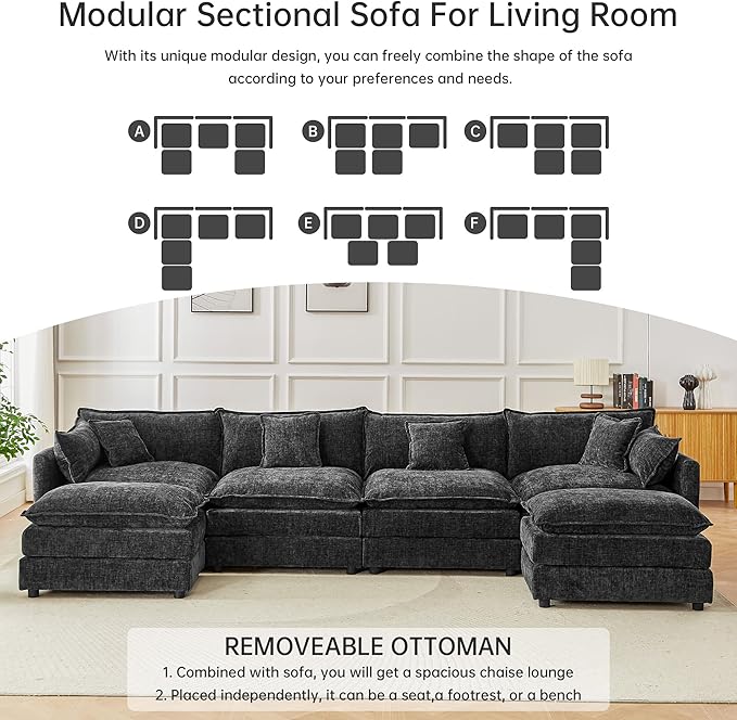 saows Modular Sectional Sofa, 147.2 Inch U Shaped Couch Set with Armrests, 4-Seater Comfy Cloud Couches with Movable Ottoman for Living Room Apartment, Grey
