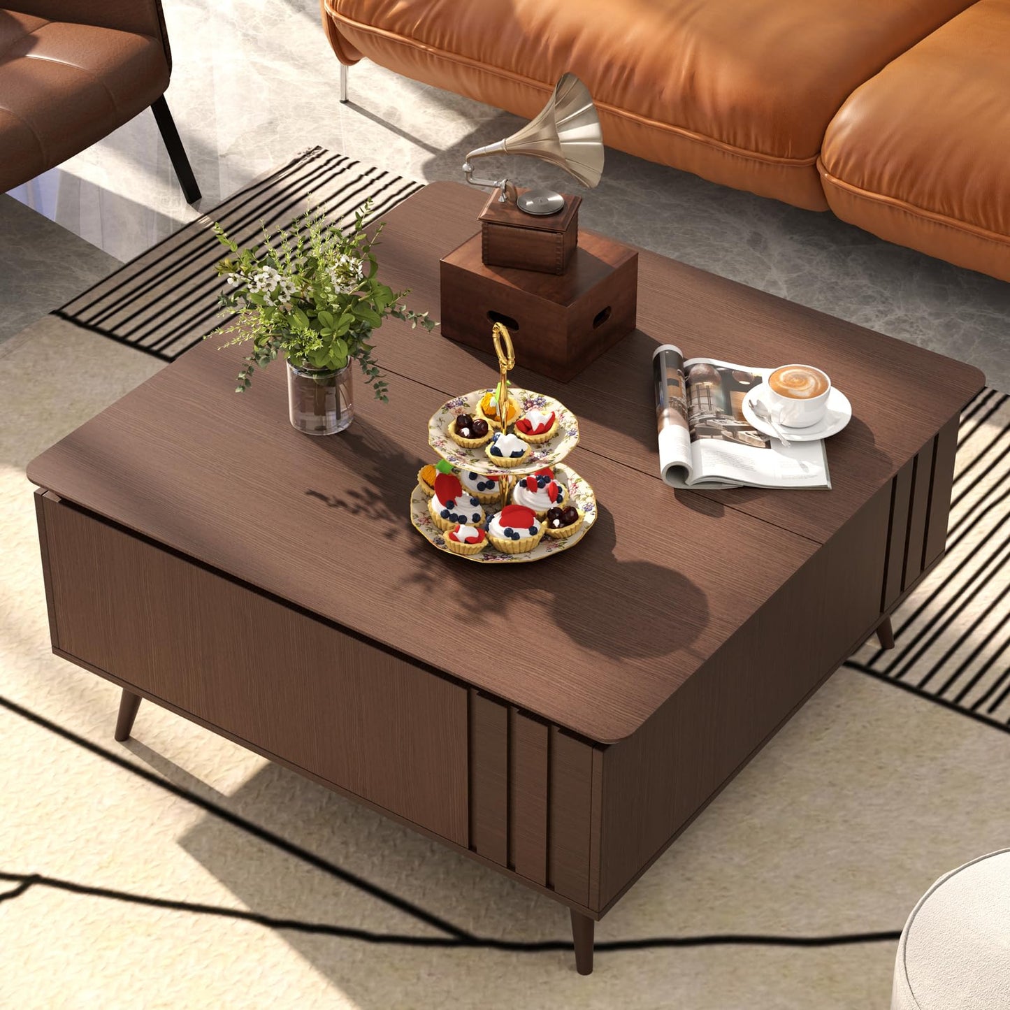 JOINICE, 36" Lift Top Coffee Table with Storage,Large Square Coffee Tables for Living Room,Mid Century Modern Center Table for Home Office, Dark Walnut