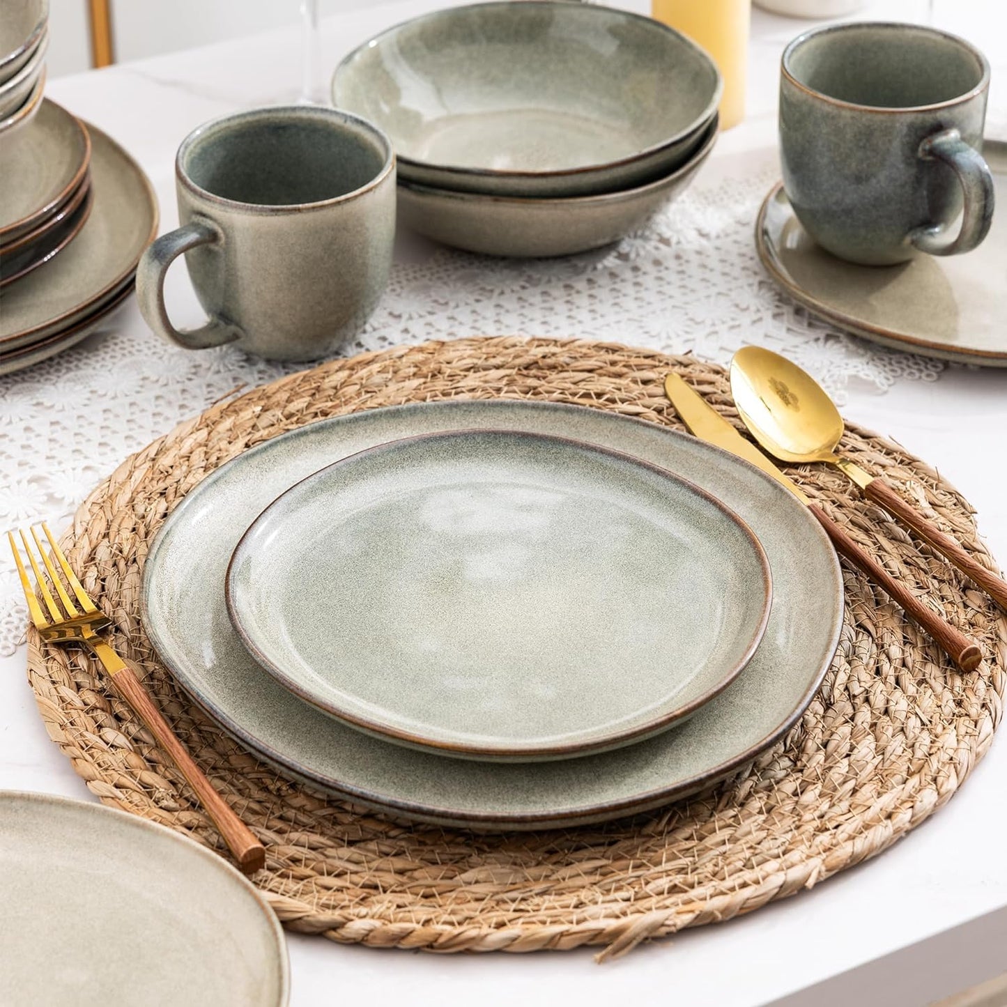 AmorArc Ceramic Dinnerware Sets of 8,Handmade Reactive Stoneware Glaze Plates and Bowls Sets,Highly Scratch Resistant | Dishwasher & Microwave Safe,Service for 8 Dishes Set (24pc)