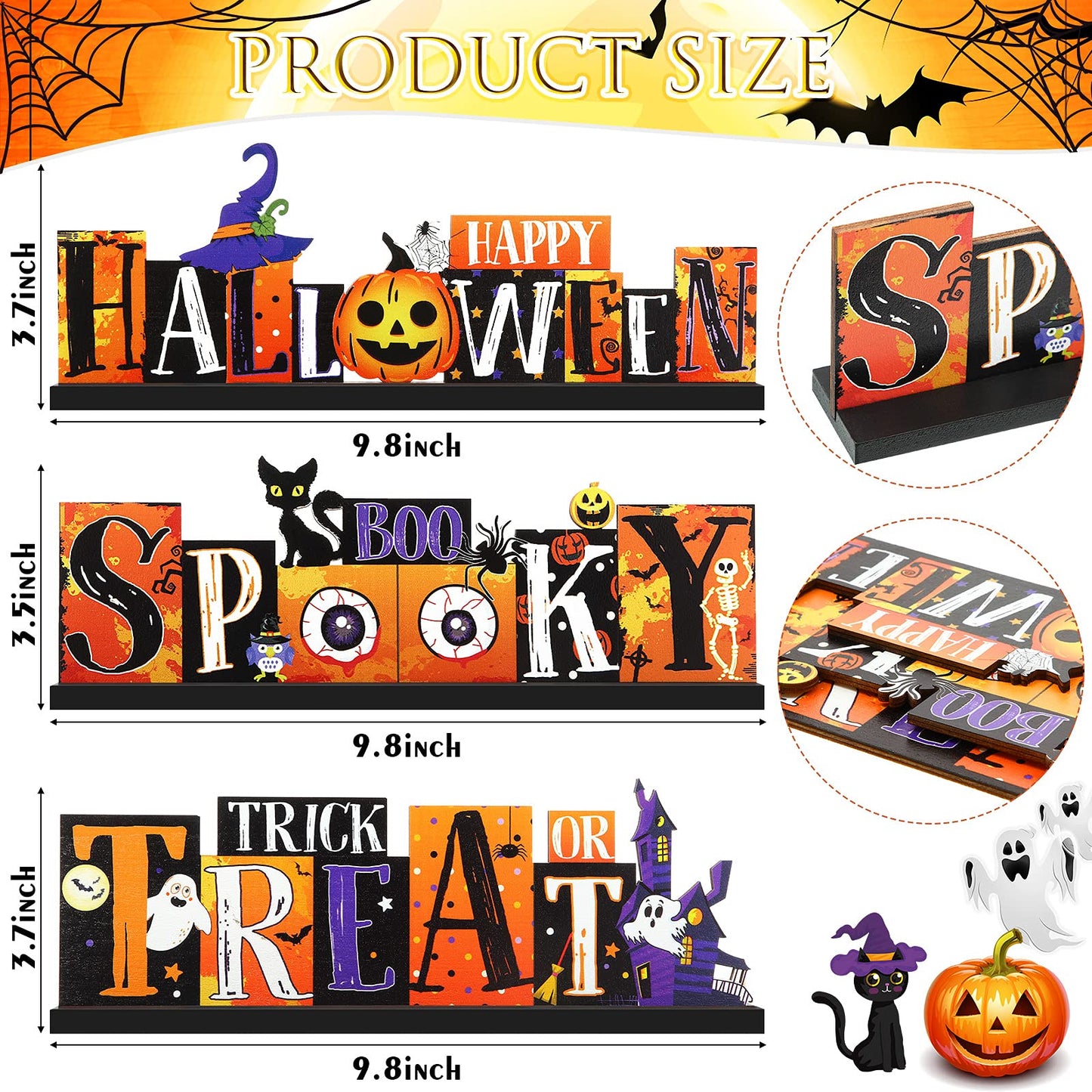 3 Pieces Halloween Table Decorations - Pumpkin Centerpiece, Boo Spooky Wood Sign, Trick or Treat Witch Hat Decor for Party, Living Room, Kitchen, Office, Bar