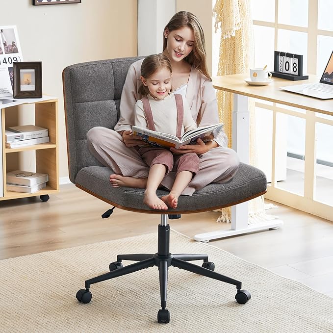 Furnimart FSC Wooden Wide Desk Chair, 360° Swivel Criss Cross Office Chair with Wheels, Comfy Cross Legged Sitting, Armless Height Adjustable Rolling Chair for Bedroom, Office, Vanity (Linen Gray)