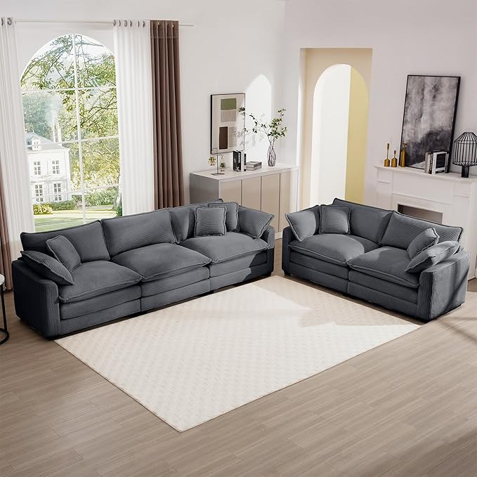 mikibama Luxury 2 Piece Sofa Set, 3-Seater & Loveseat Couch Set, Modern Corduroy Comfy Cloud Couches Set for Living Room Office with 4 Armrest Pillows and 5 Toss Pillows, Grey
