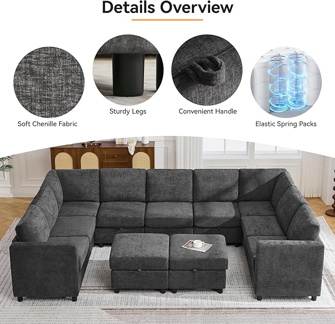 127'' Oversized U Shaped Modular Sofa, Sectional Couches with Storage for Living Room, Modern 9 Seater Cloud Sectional Couch with Movable Ottoman, Chenille Dark Grey