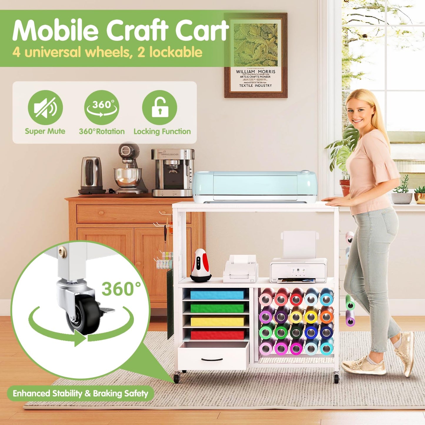 MASHELLY Craft Storage Cart, Compatible with Cricut Cutting Machines, Features a Vinyl Roll Holder and Drawers,A Mobile Storage Table for Crafting Tools and Accessories, Suitable for Studios, Offices