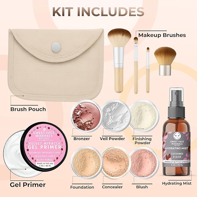 FLAWLESS COMPLEXION KIT (WARM-Neutral Shade-Most Popular) Full Size Mineral Makeup Set Matte Foundation Bare Face Sheer Powder Cover