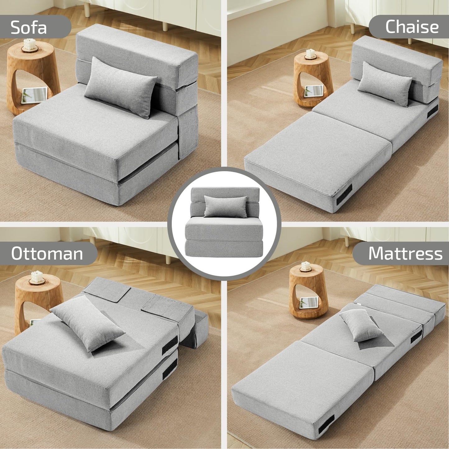 SUYOLS Folding Sofa Bed with Pillow- Convertible Chair Floor Couch & Sleeping Mattress, Foldable Memory Foam Sleeper for Living Room/Dorm/Guest Room/Home Office/Apartment/Loft, Single28, Light Gray