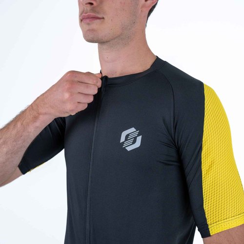 SLS3 Tri Top Men - Short Sleeves Mens Triathlon Top - Mens Triathlon Shirt - Triathlon Men Singlet - Aero FX Triathlon Shirts Men, Back Pocket (Yellow Splash, X-Large)