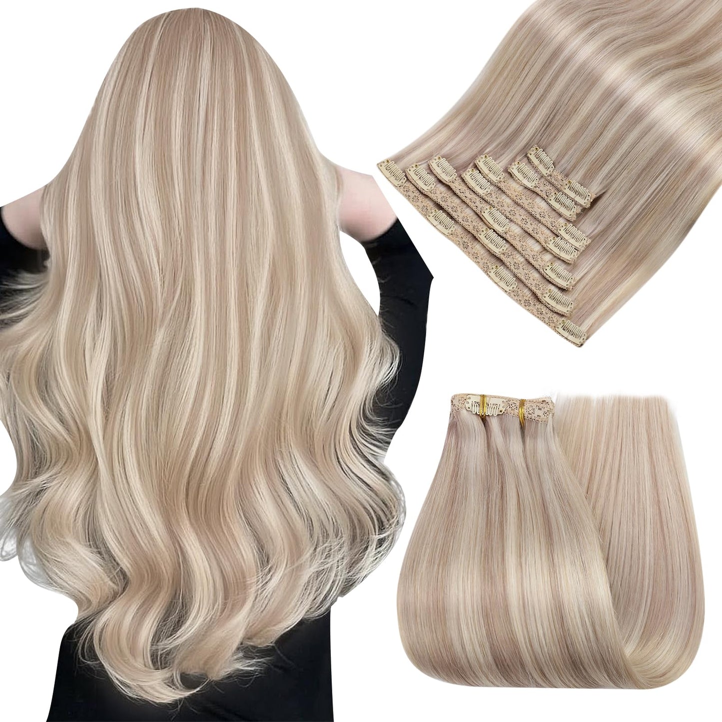 Easyouth 22 Inch Clip on Extensions Human Hair Highlight Real Human Hair Extensions Clip ins Warm Ash Blonde Highlights Bleach B