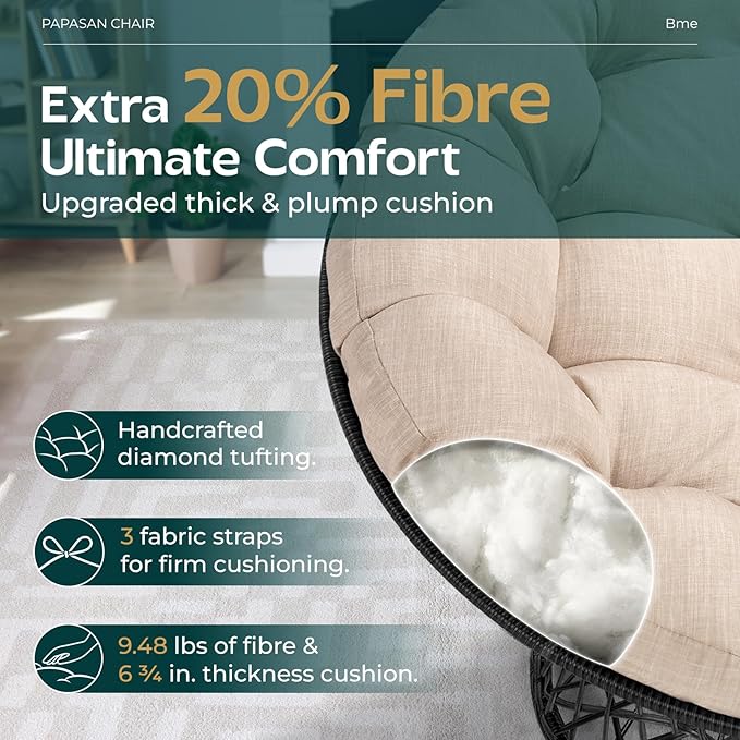 Bme 40" Ergonomic Wicker Papasan Chair with Soft Thick Cushion & Frame, 360° Swivel, Circle, Reading, Comfy Chair for Living Room, Bedroom