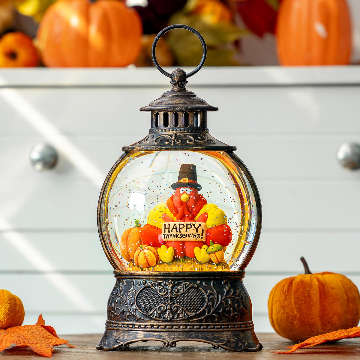 Fall Snow Globes Thanksgiving WaterLantern Swirling Glitter Snow Globe for Autumn Harvest Day Decorations Home Fall Halloween Decor Gifts (Turkey & Pumpkins)