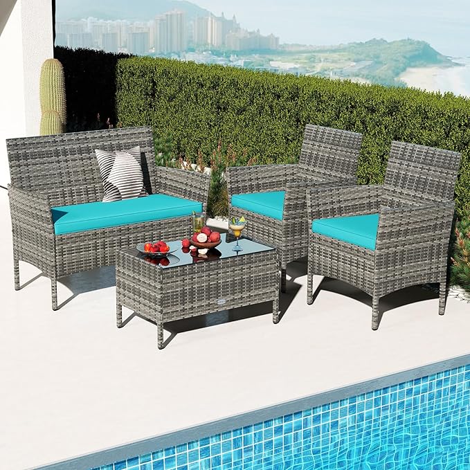 RELAX4LIFE 4-Piece Patio Furniture Set - Rattan Outdoor Conversation Bistro Set w/Cushions, Glass Coffee Table, Wicker Chairs & Loveseat for Garden Backyard Porch Balcony (1, Mix Grey-Turquoise)