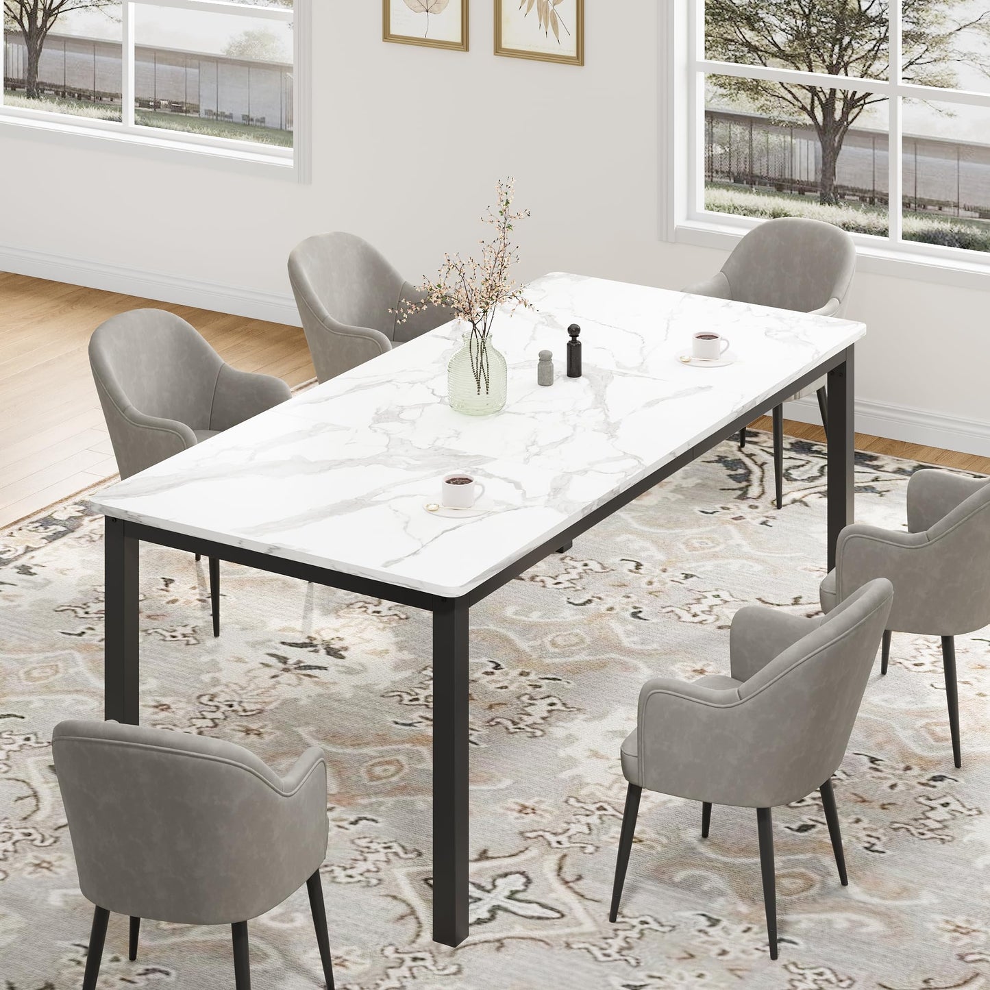 Sunvasagoo Dining Table for 6 People, Farmhouse Wood Kitchen Table, Rectangle Furniture with Metal Legs Wooden Conference Tables Writing Desk for Living Room