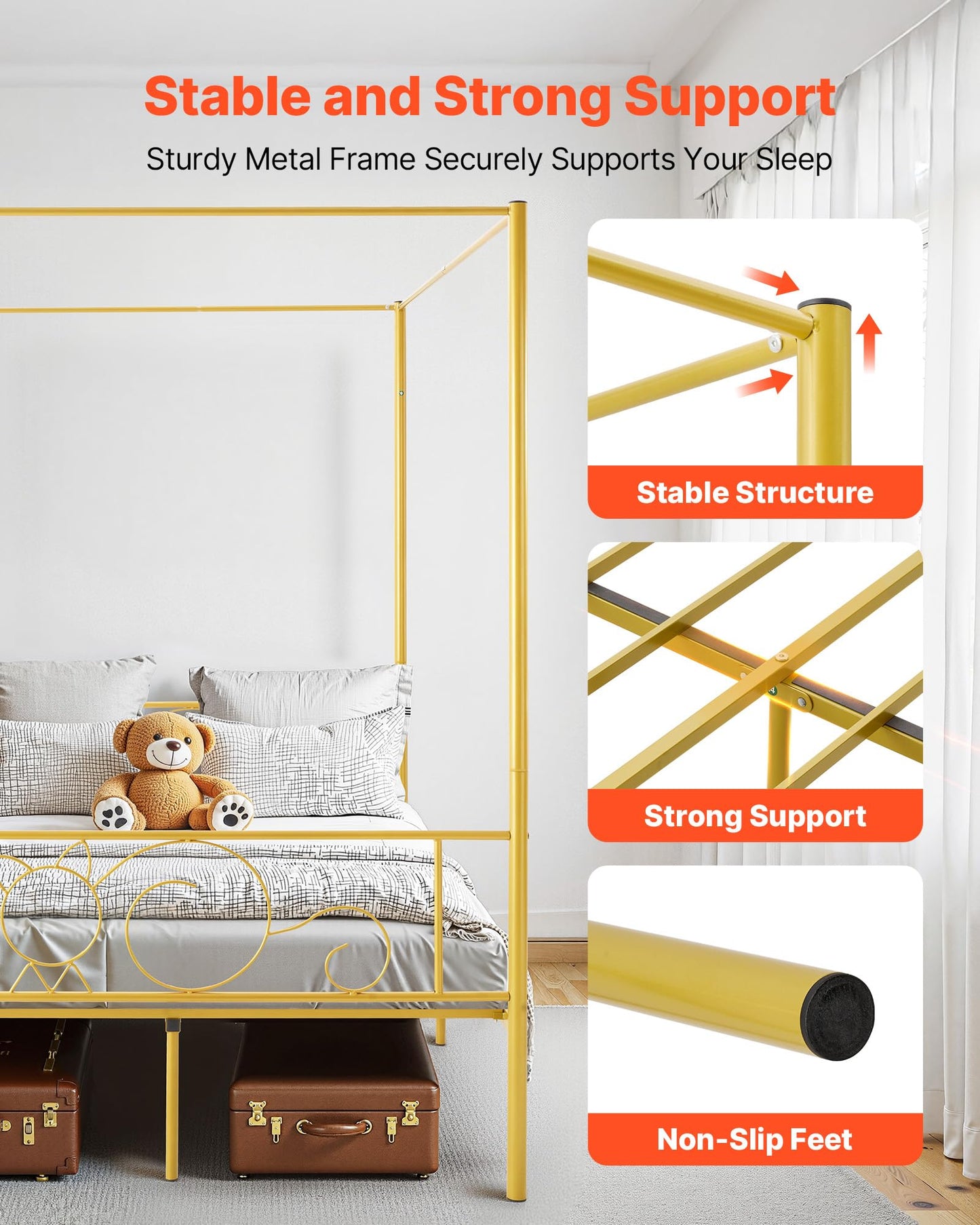 VEVOR Full Size Canopy Bed Frame, Metal Canopy Bed with Minimalist Headboard & Four Posters Design, Heavy Duty Steel Slats Support, Underbed Storage Space, No Box Spring Needed, Easy Assembly, Gold