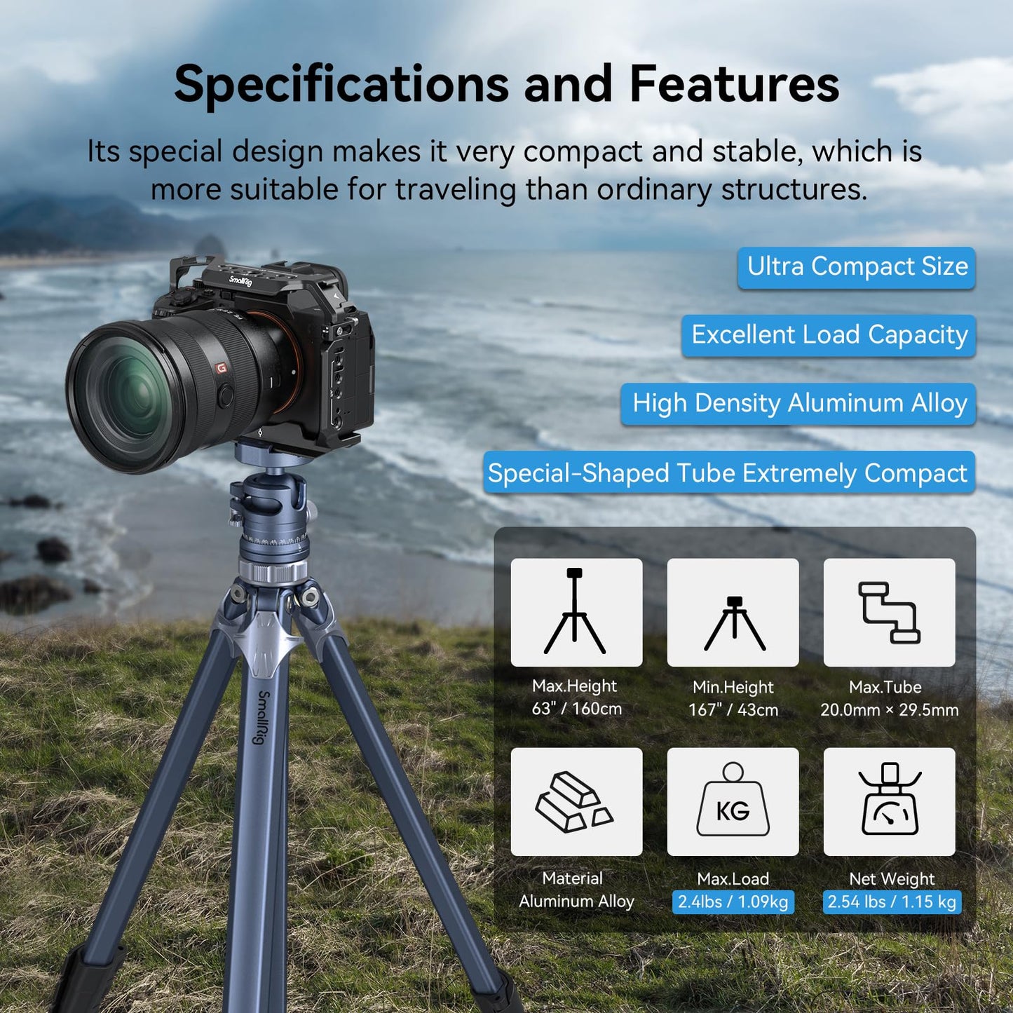 SmallRig AP-02 Lightweight Travel Tripod, 63" Camera Tripod with Compact Unconventional Center Column, 360° Ball Head, QR Plate, Travel Bag, Load up to 17.6 lbs / 8 kg, for Most DSLR Cameras -4222