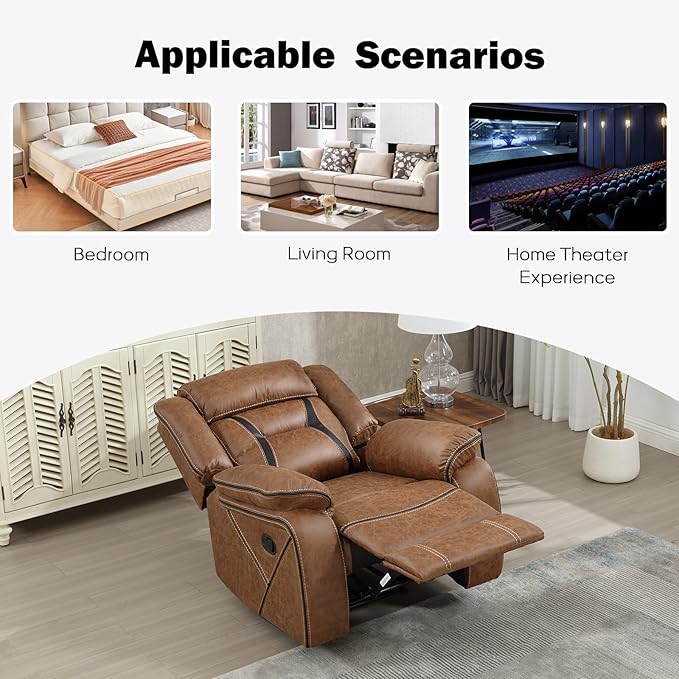 EBELLO Faux Leather Manual Recliner Chair, Modern Design Single Reclining Sofa Chair with Comfortable Armrest and Backrest, Furniture for Living Room, Bedroom, Brown