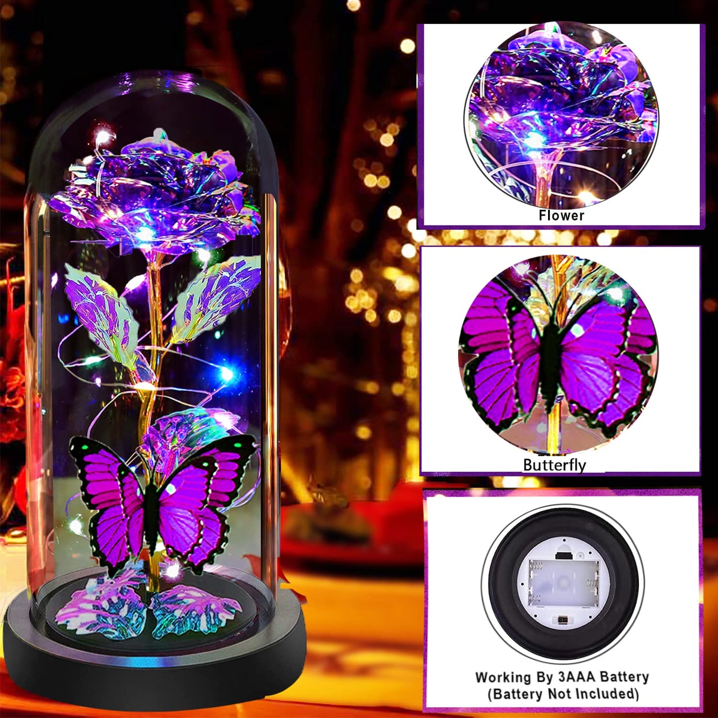 Birthday Gifts for Women, Flowers Gifts for Women Mom Her, Galaxy Crystal Light Up Rose Flower in A Glass Dome, Christmas Rose Presents Wife Grandma Sister Butterfly Purple