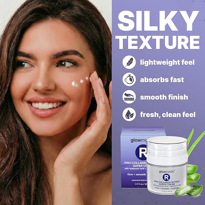 Glowmedik Pro-Collagen Retinol Super Cream w/Hyaluronic Acid, Vitamin E & Aloe | Anti Aging Facial Moisturizer for Fine Lines, Uneven Tone & Dry Skin | Retinol Face Cream women and men 50ml 1 fl oz