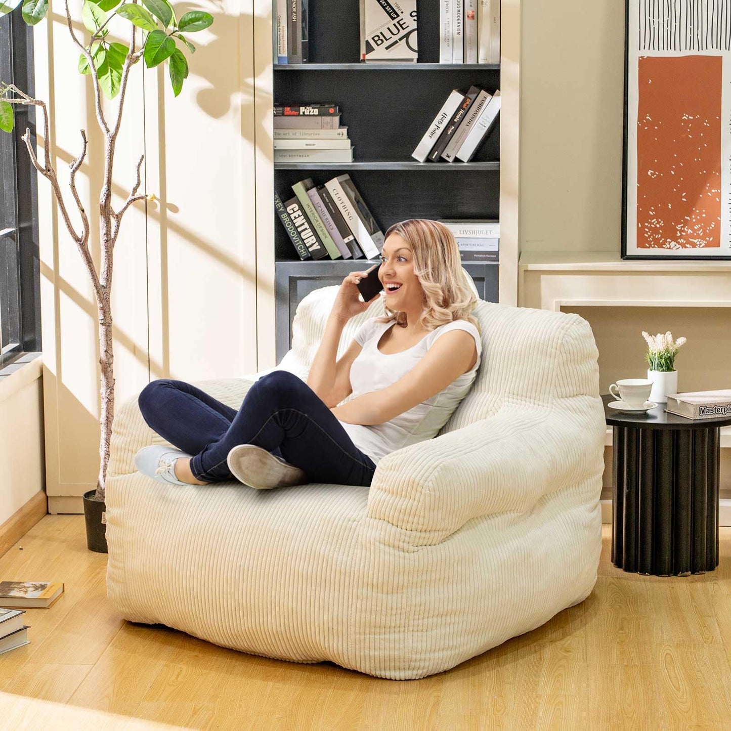 Stmoze Bean Bag Chair for Adults - Faux Fur, Fluffy and Comfy with Filler, Big Sofa for Reading, Gaming (Beige, Oversize)