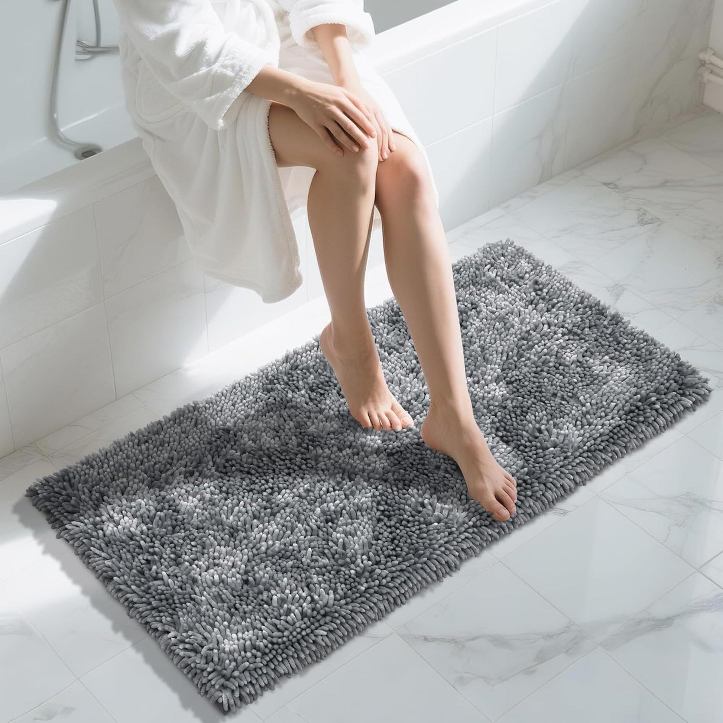 Yimobra Luxury Chenille Bathroom Rug Mat, Extra Soft and Absorbent Shaggy Bath Rugs Non Slip, Machine Washble Dry, Plush Floor Carpet for Tub, Shower, and Bath Room, 36x24 Inch, Silver