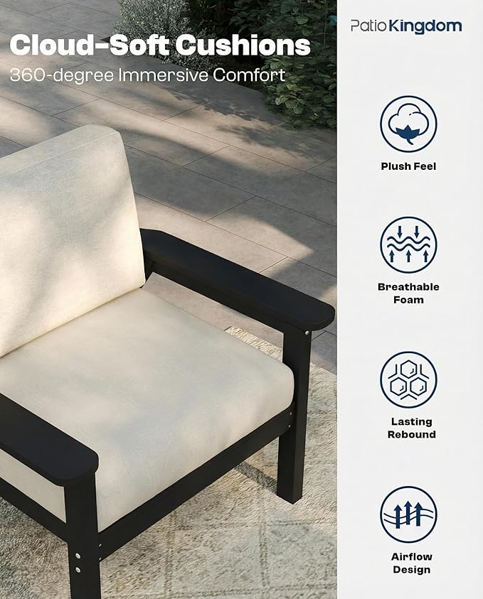 Patio Kingdom HDPE 7 Piece Patio Furniture Set, HDPE Outdoor Sectional with with Beige Thick Cushions, Coffee Table and Side Table, Patio Conversation Sets for Lawn, Garden, Porch (Black Frame)