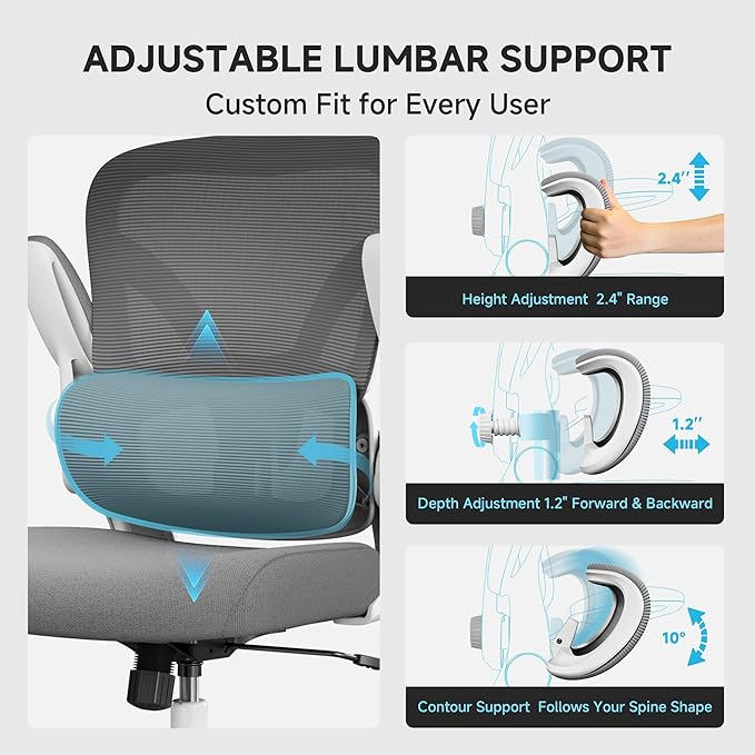 PKPT Mesh Office Chair, 330LBS Ergonomic Desk Chair with Adjustable Lumbar Support, Executive Computer Chairs for Home Office, White and Gray