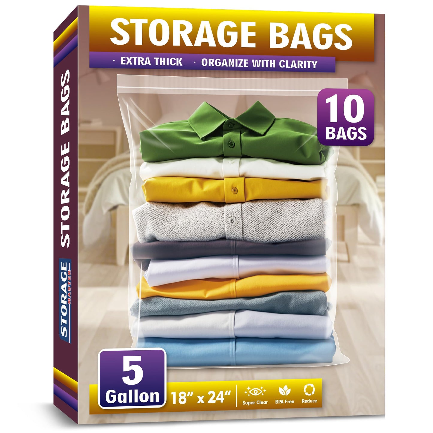 Extra Large 5 Gallon Zippered Plastic Bags for Storage- 18'' x 24'', Ideal for Clothes Clothing, Travel, Moving, 2-mil Thick Clear Plastic, 10 pack