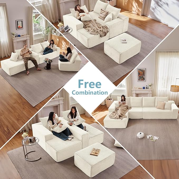 135.4" Cloud Sectional Couch with L-Shape Chaise, Modern Corduroy Boneless Couch for Living Room,Memory Foam Sofa with Deep Seat,No Assembly Required (White,Left-Facing Chaise)