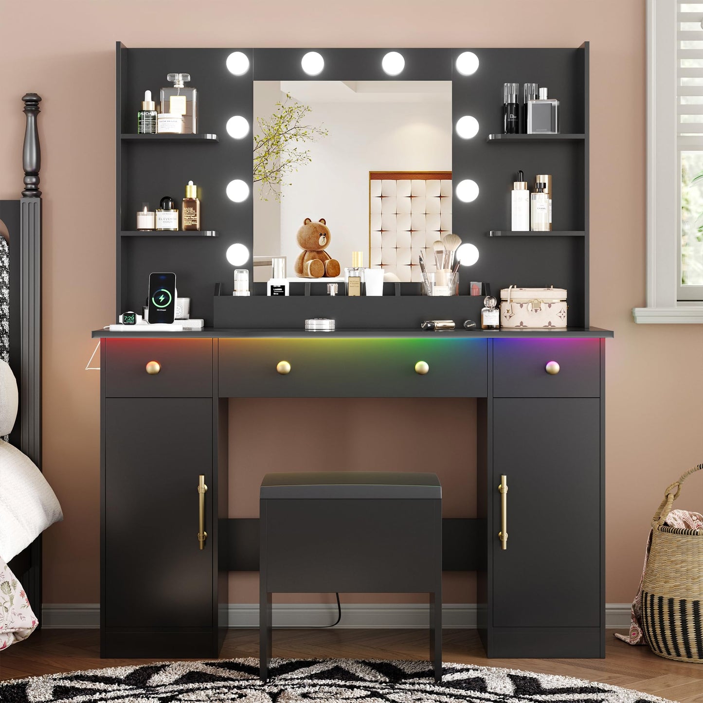 Vanity Desk with Mirror and Lights, Makeup Dressing Table Set with Storage Drawers & Stool, Power Outlet, 3 Lighting Modes Adjustable Brightness & RGB Ambient Light for Women Girls Bedroom, Black