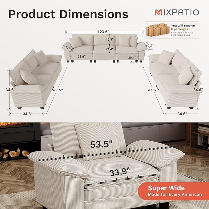 MIXPATIO Cloud Couch Sectional Sofa Set, Plush 24.4-Inch Deep 7-Seat Sectional with Velvety Corduroy & Removable Arms for Living Room and Apartment, Beige