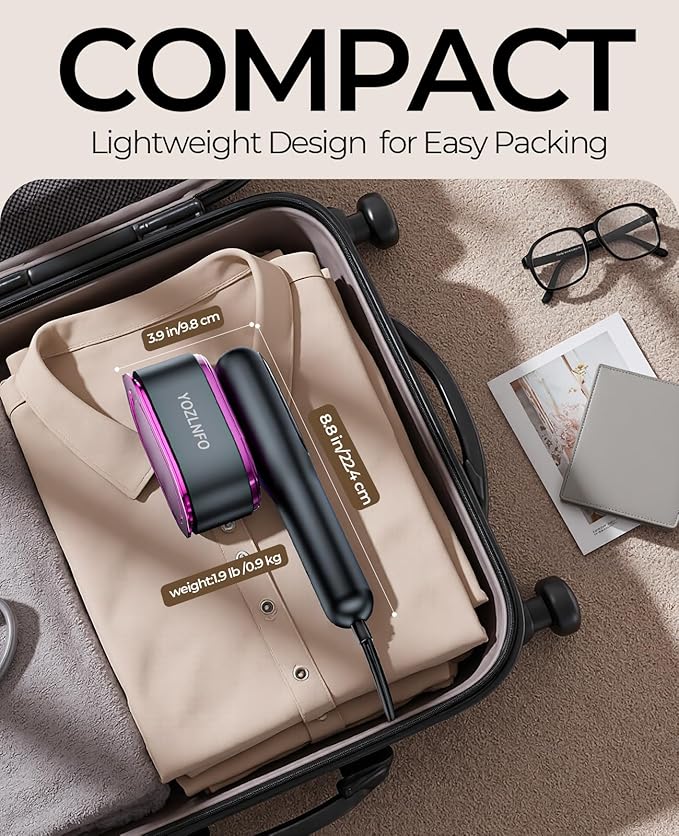 Portable Travel Steamer for Clothes: 2-in-1 Handheld Garment Steamer Iron - Rapid 15s Heat Up & 5 Steam Settings - Large Ceramic Panel - 110-120V Upgraded