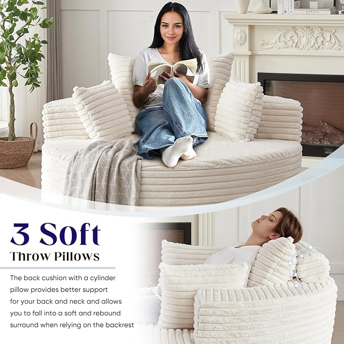 360-Degree Oversized Swivel Chair, Modern Round Circle Corduroy Comfy Deep Seat Swivel Accent Chaise Lounge Sofa Chair with Back Cushion & 2 Throw Pillows for Living Room Bedroom Office, Beige