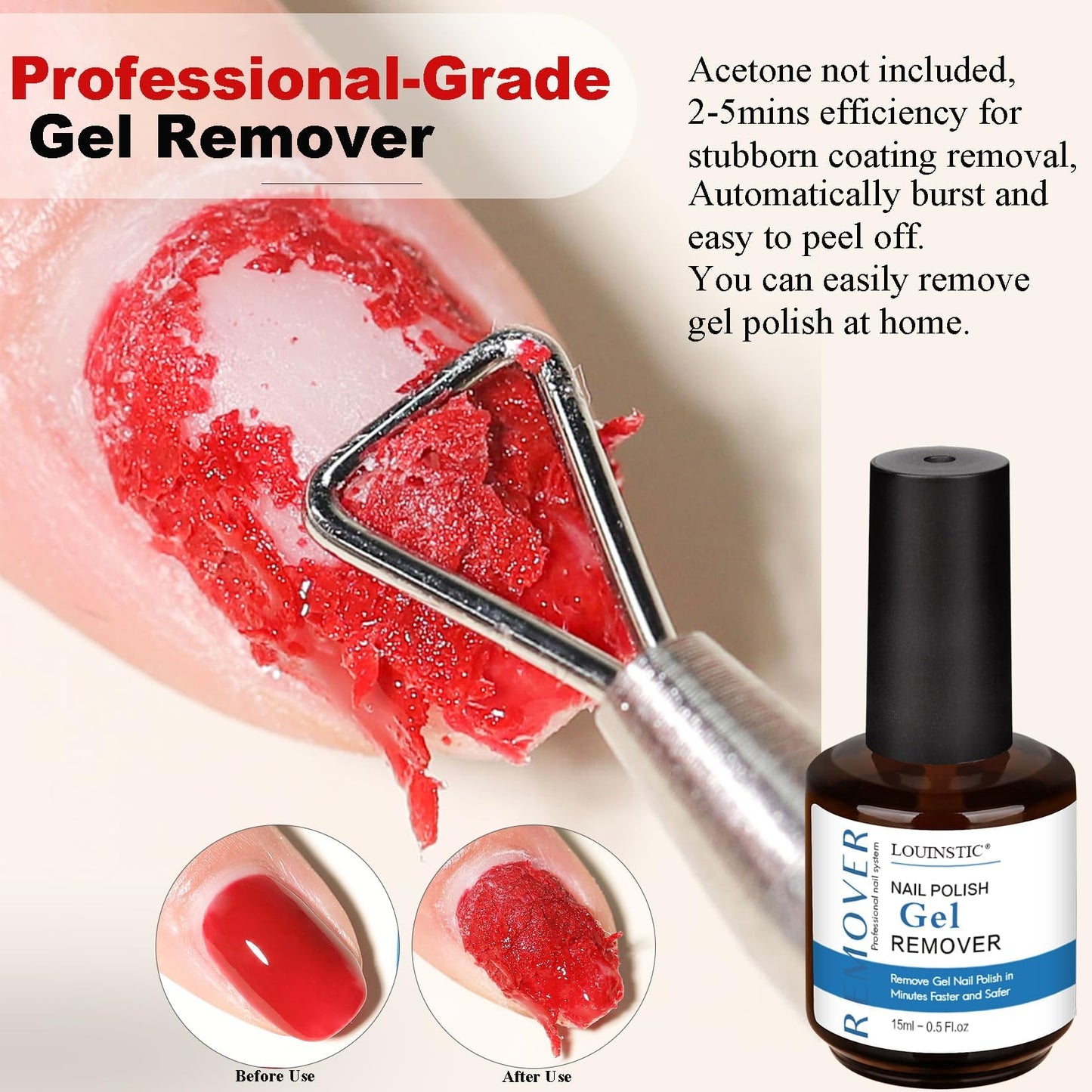 LOUINSTIC Nail Gel Polish Remover - 3 Pcs with Nail File - Non-Irritating, No Damage, Easy to Use at Home(15ml/0.5oz)