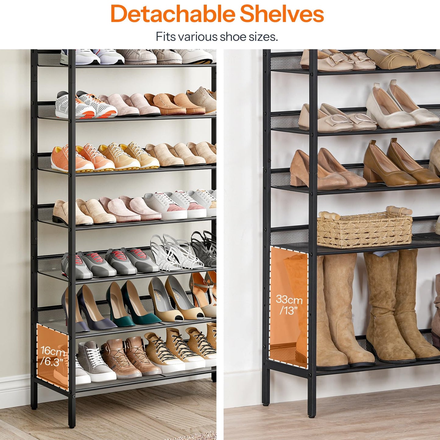 HOOBRO 10-Tier Shoe Rack, 29.5"L Shoe Shelf, Large Capacity Shoe Storage Organizer for 27+ Pairs of Shoes, Front Door Entrance, Entryway, Hallway, Closet, Space Saver, Rustic Brown and Black BF110XJ01