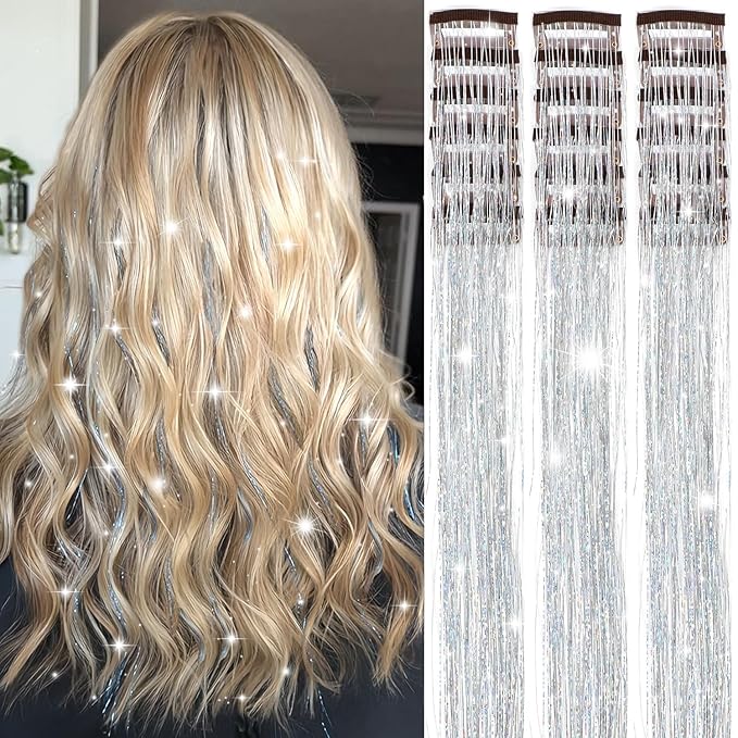 Obinying Hair Tinsel Pack of 18 Pcs Hair Tinsel Clip in 20.5 Inch Glitter Tinsel Hair Extensions Clip in Hair Tinsel Kit P...