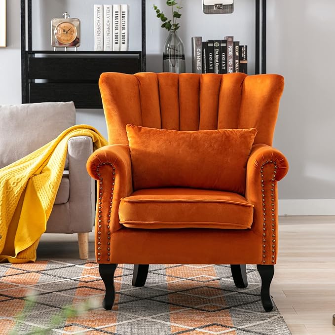 DM Furniture Velvet Accent Chairs Set of 2 with Arm Comfy Living Room Chair Mid-Century Modern Wingback Side Chair Single Sofa Couch for Bedroom Guest Room, Orange