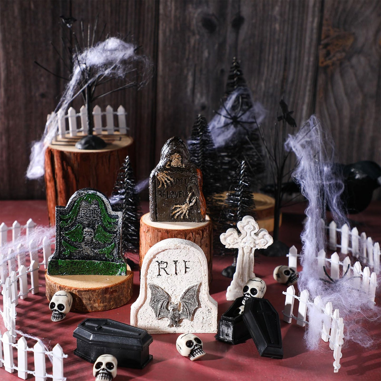Liliful 32 Pcs Halloween Village Accessories Ornaments Set Spooky Halloween Town Tombstones Skeleton Tiny Trees Fake Spiders Decor Village Set for Party Town Decorations