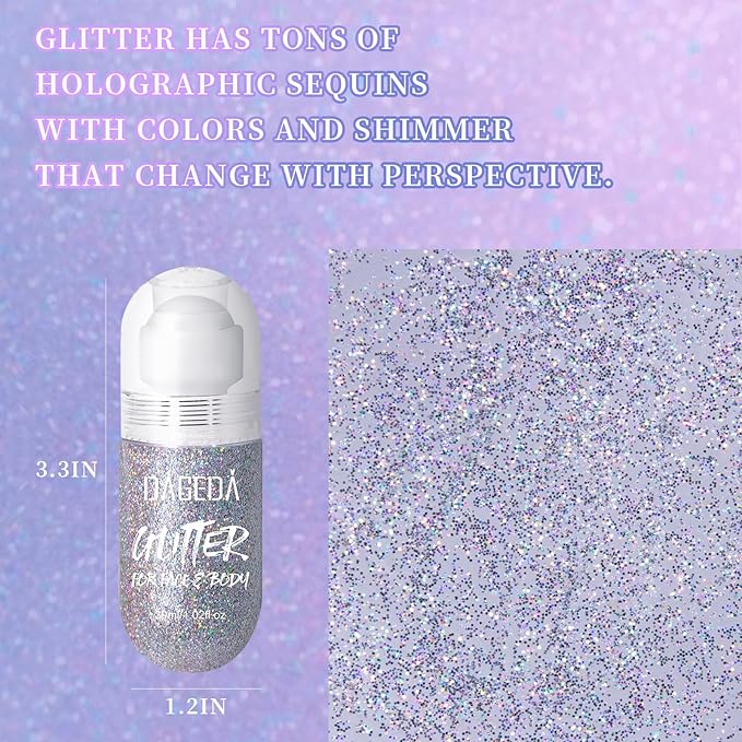 DAGEDA Body Glitter Gel, Roll-on Face Glitter for Mermaid Makeup Festival Rave Accessories, Holographic Hair Glitter Gel,Body Shimmer Halloween Makeup for Rave Party (Silver)