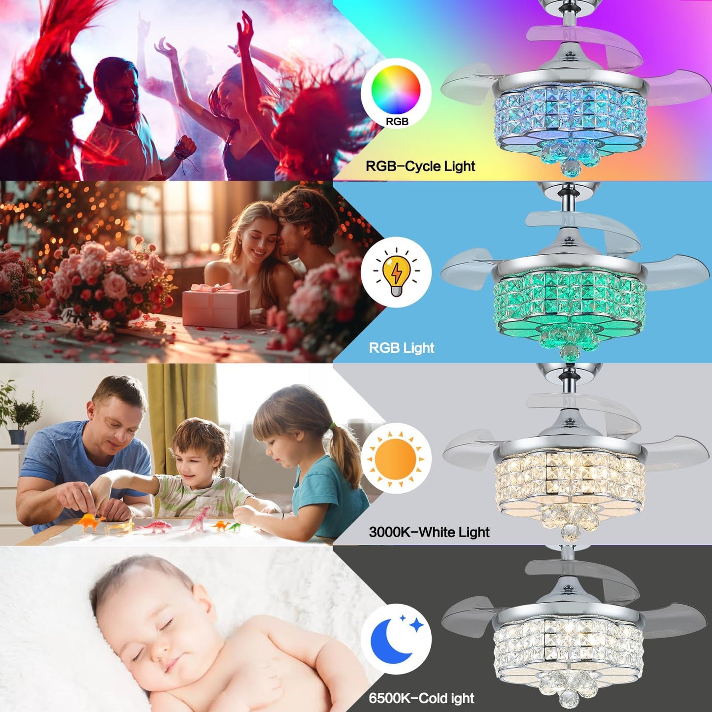 Zynfandor 30 Rgb Crystal Retractable Ceiling Fan With Light Dimmable Led Chandelier, Remote & App Control, 6-Speed Timer, Memory