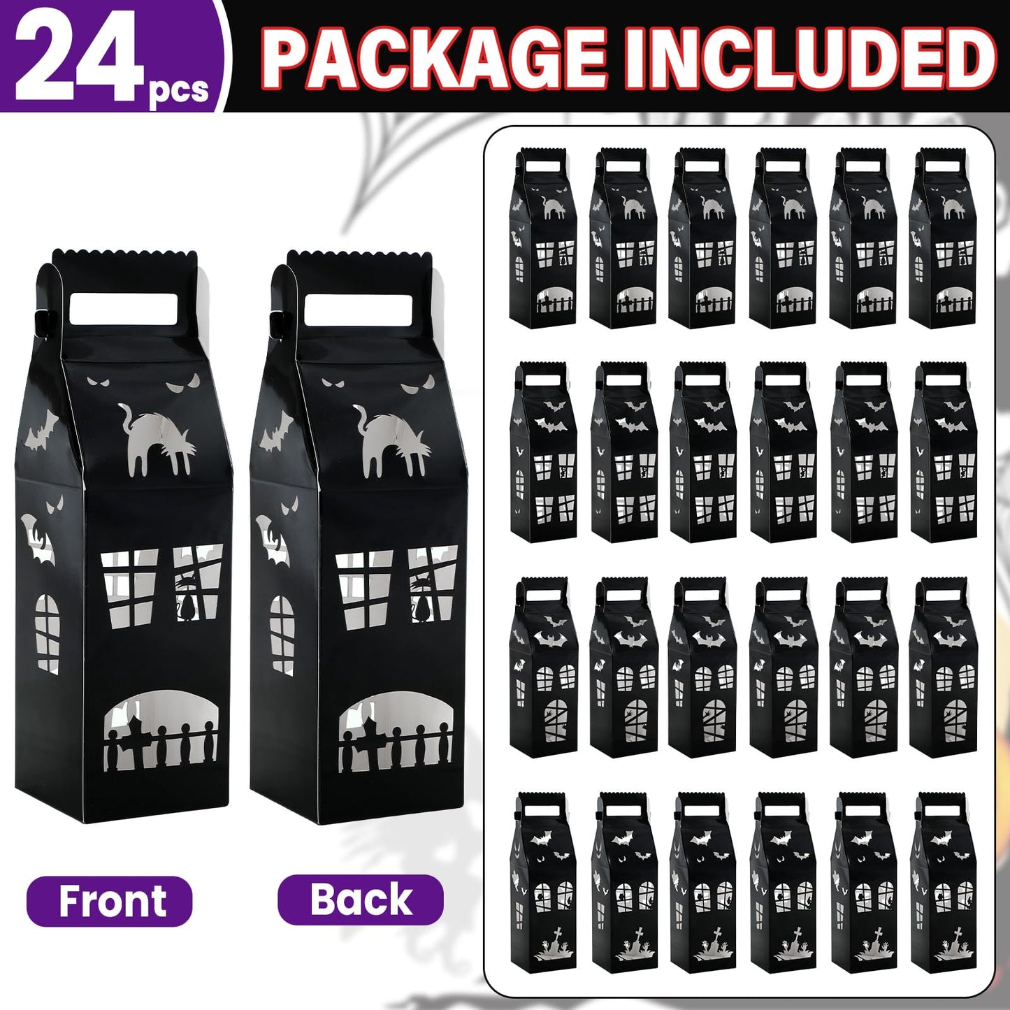 CHUNNIN 24pc Haunted House Gift Boxes for Halloween Party Decorations - House Shaped Treat Boxes with Handle