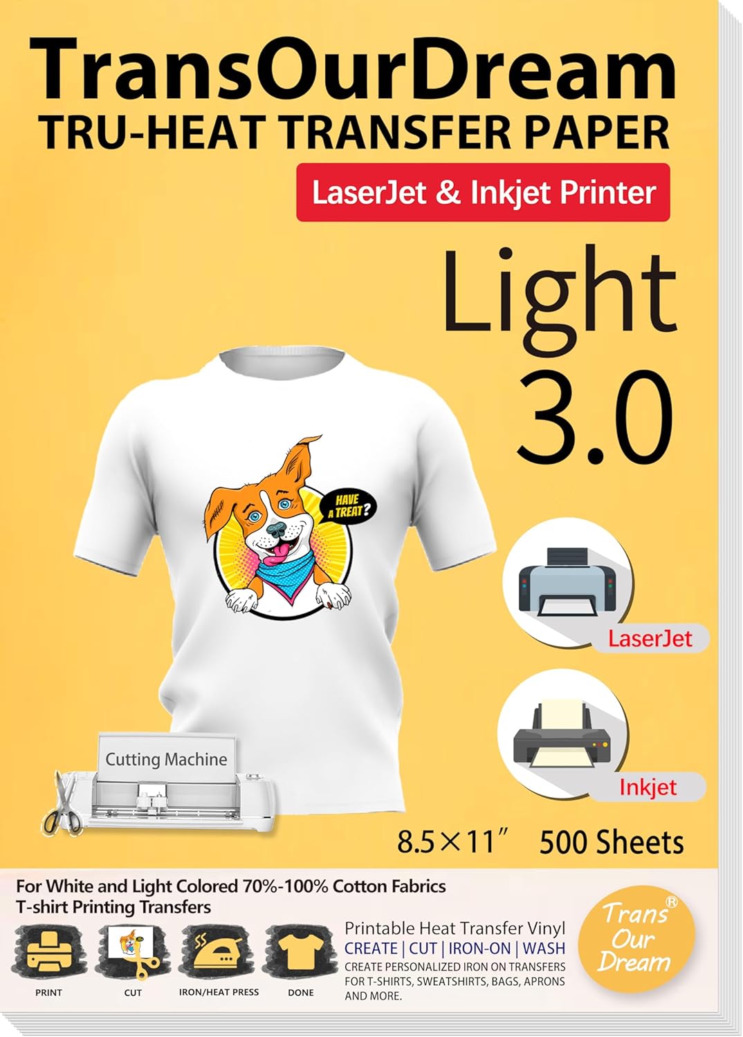 TransOurDream Tru-Heat Transfer Paper for Inkjet & Laserjet Printer (500 Sheets 8.5x11, 3.0) Printable HTV Heat Transfer Vinyl for T Shirts Iron on Transfers for Light Fabrics