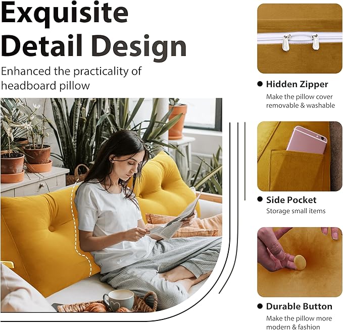 Bed Wedge Headboard Pillow - College Dorm Reading Pillow Back Support While Sitting in Bed - Ergonomic Lumbar Pillow Body Positioning Bed Pillow - Velvet Golden Yellow 59IN