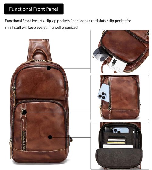 LANNSYNE Men's Vintage Full Grain Leather Sling Bag, Crossbody Chest Daypack fits 10.5" iPad