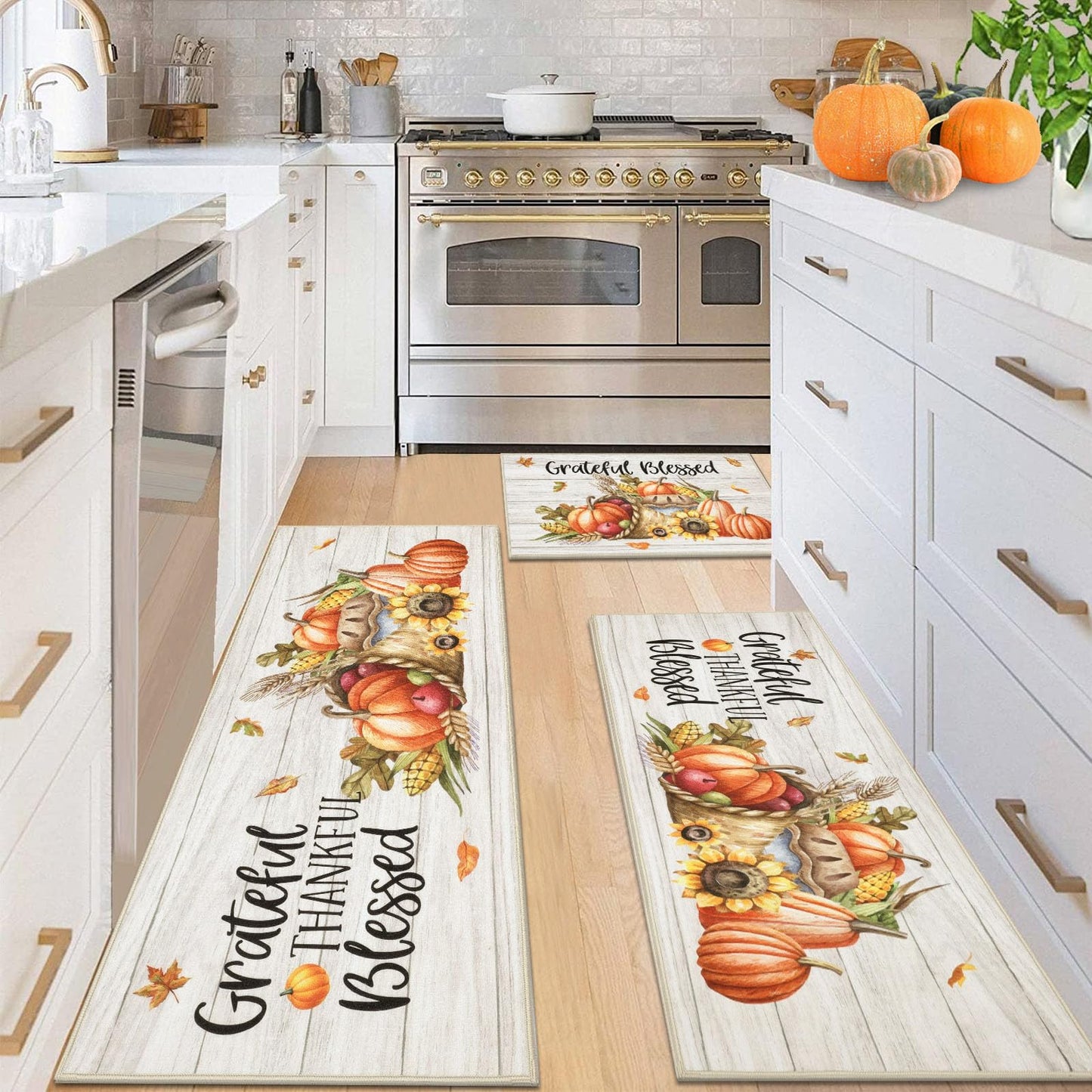 HEBE Fall Kitchen Rugs Sets of 3, Non Slip Pumpkin Kitchen Rugs and Mats, Washable Kitchen Mats for Floor, Autumn Kitchen Runner Floor Carpet for Thanksgiving Holiday Decor