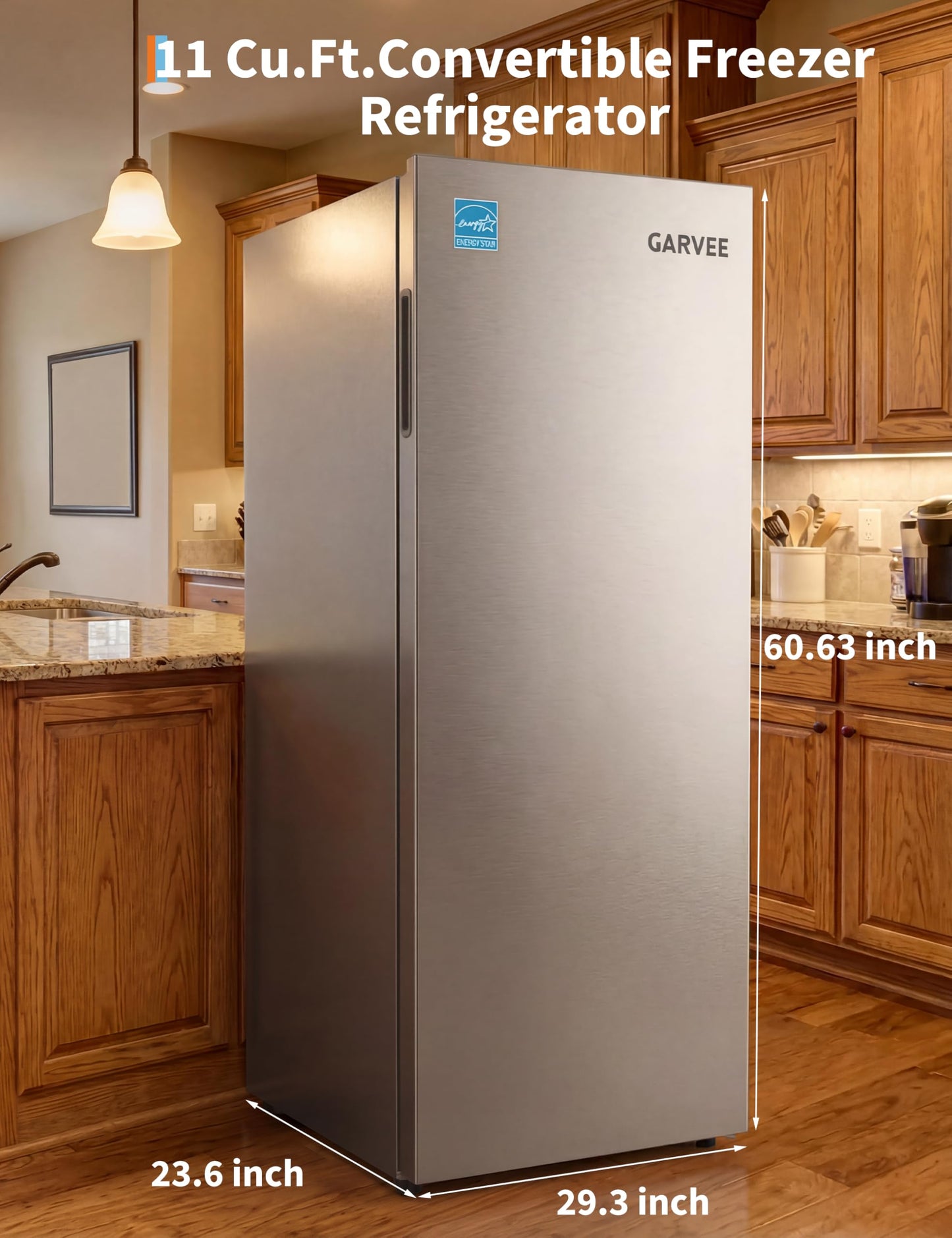 Garvee 11 Cu. Ft. Upright Convertible Fridge/Freeze, Energy Saving, Frost Free, Digital Touch Control Panelr, Removable Glass Shelves