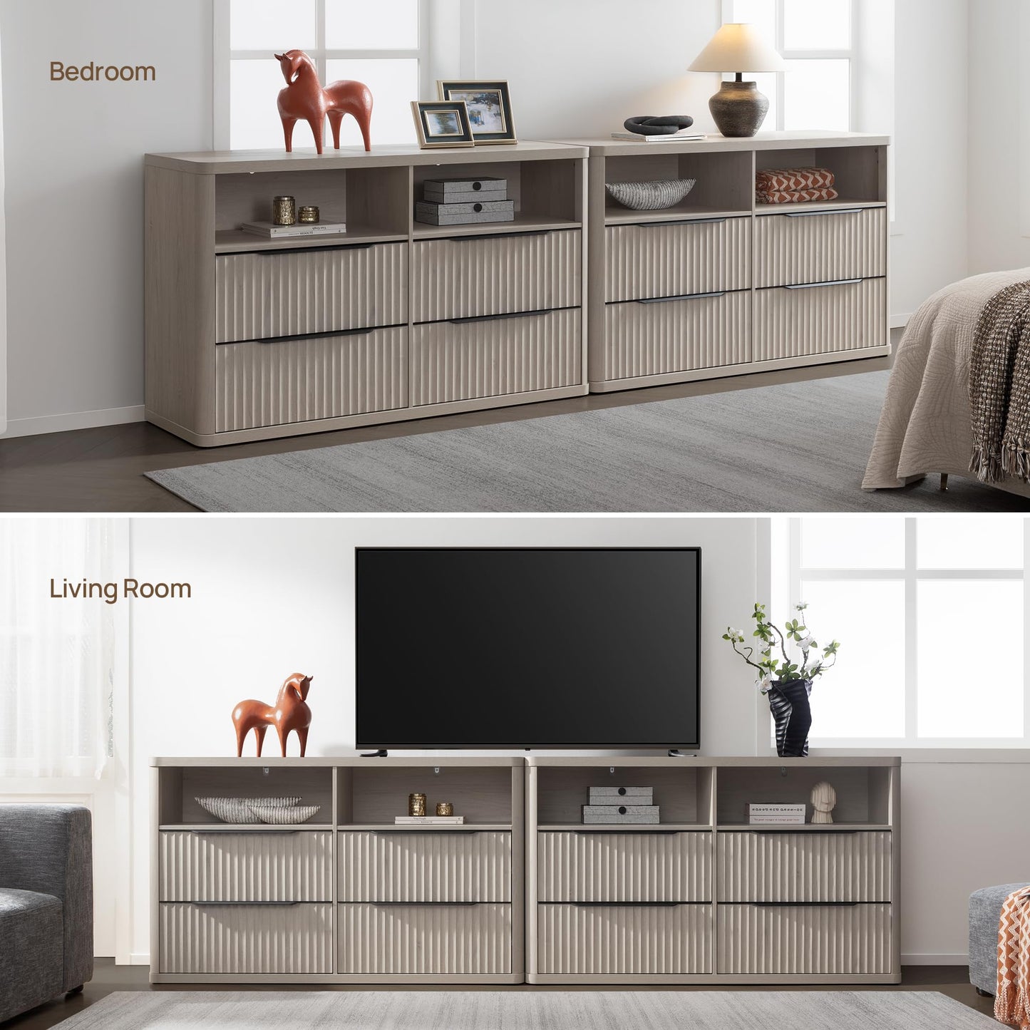 SICOTAS Dresser for Bedroom - Dressers & Chests of Drawers with 4 Drawers Large Modern Dresser for Closet with Open Shelf Fluted Wide TV Stand Clothes Closet Storage for Bedroom Hallway Entryway