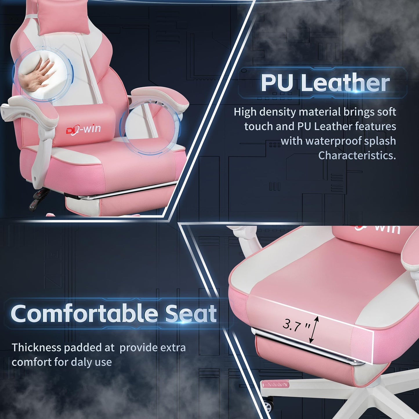 Gaming Chair with Footrest & Lumbar Support, Ergonomic Racing Style Computer Chair, 360° Swivel Height Adjustable Video Game Chair, Massage Office Chair Gaming Equipment, Pink