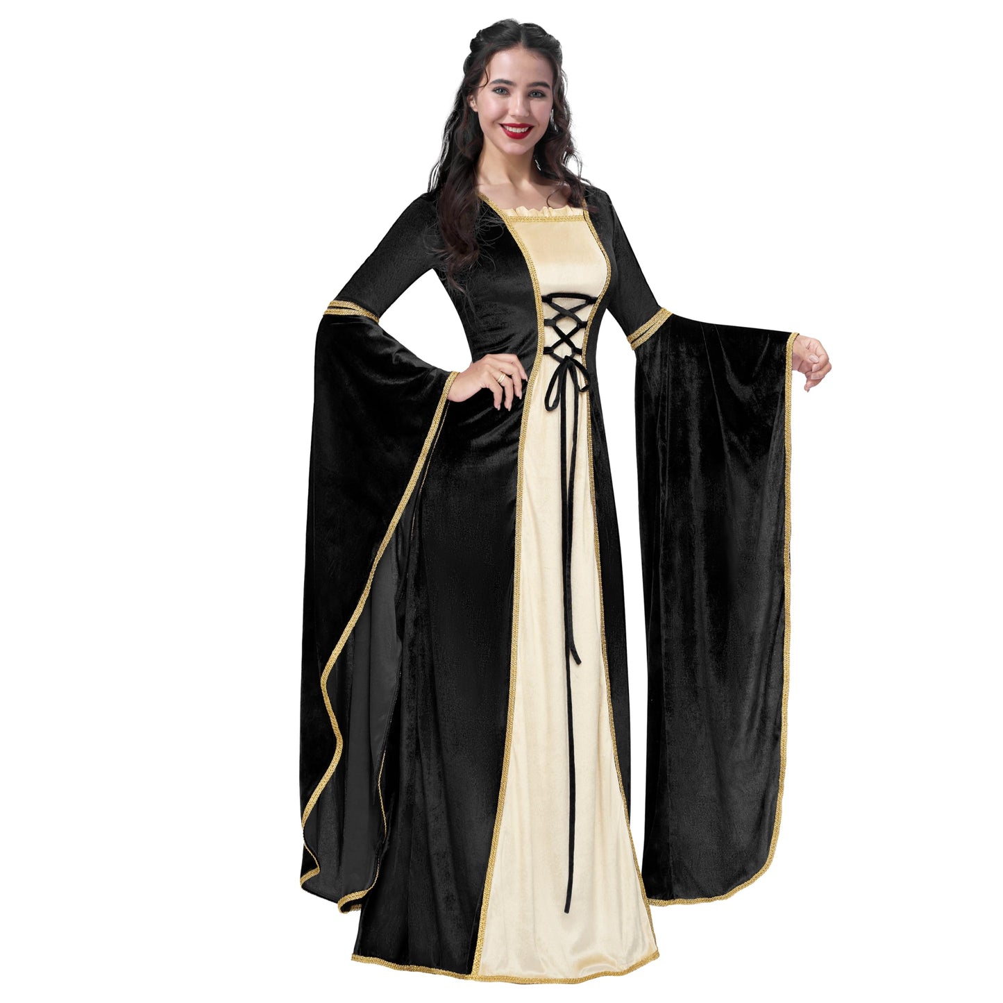 Spooktacular Creations Renaissance Costume Women, Black Velvet Medieval Dress for Women, Irish Fairy Renaissance Dress with Decorated Lace for Wedding, Halloween Cosplay Themed Party (Medium)