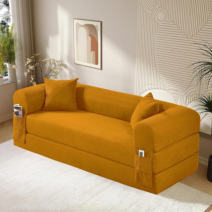 GJQ 80" Convertible Sofa Bed,Corduroy Folding Sleeper Sofa Bed Queen with Pillows & Storage,Modular Pull Out Couches Boneless Couch for Living Room,Compressed Couch in a Box,Yellow