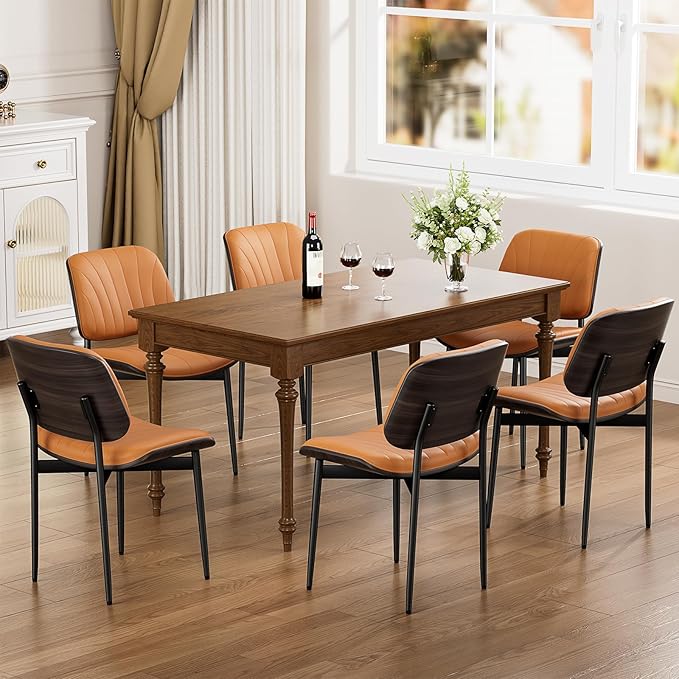 YaFiti Dining Chairs Set of 2, Mid Century Modern Dining Room and Kitchen Chairs, Upholstered PU Leather Chairs with Walnut Bentwood and Metal Legs, Orange